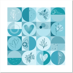 repeating geometry pattern, squares and circles, ornaments, teal color tones Posters and Art